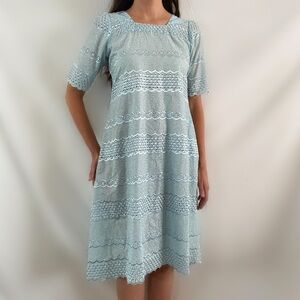 Vintage pastel blue modest eyelet dress short sleeve medium